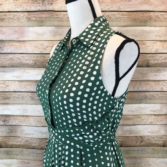 Anthropologie 11 1 Tylho Size XS Brynn Green Polka Dot Fit Flare Shirtdress - Picture 7 of 11